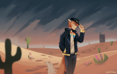 A drawing of Fundy wandering through a desert. In the very background, we can see the silhouette of his base.